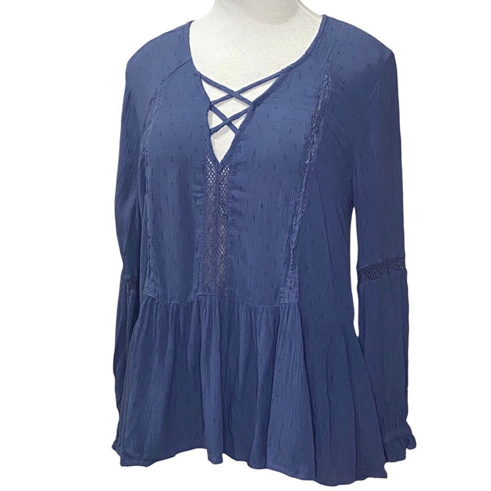 American Eagle Outfitters AEO Boho Blue Tunic Top Size Small Lace Up Front